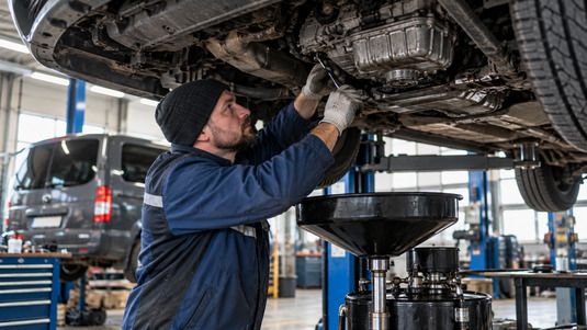 Механик обслуживает двигатель Hyundai Grand Starex на подъемнике в авт