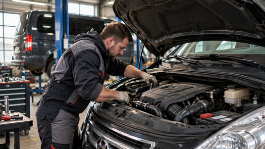 Механик обслуживает двигатель Hyundai Grand Starex в автосервисе